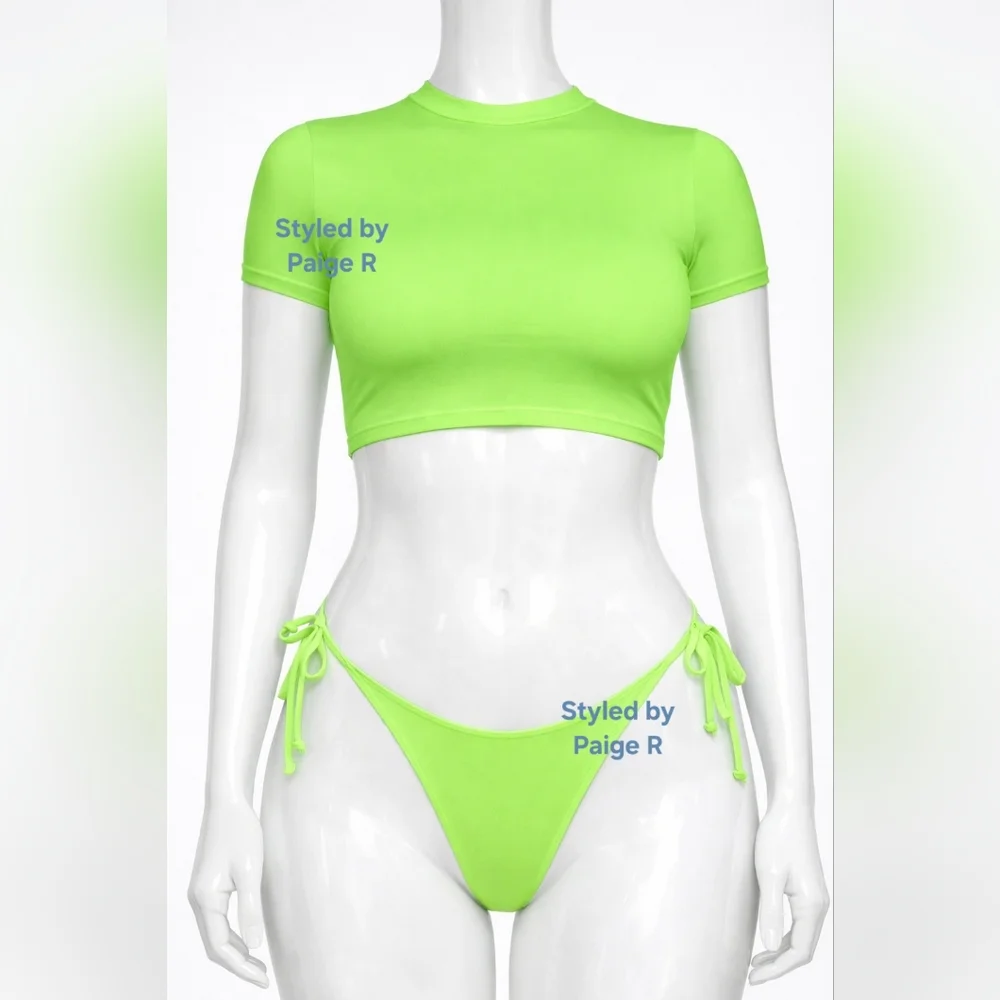 ❤️NWT SKIMS 2 Piece Swim T Shirt Top Dippy tie String Bikini Set NEON GREEN 3X